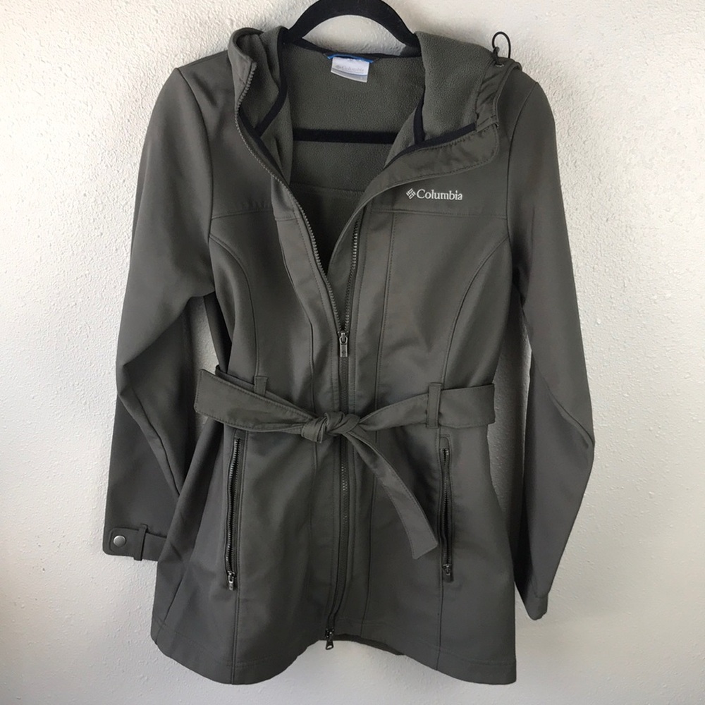 Columbia Jacket Womens Medium Gray Hooded Softshell Belted Parka Coat Full Zip